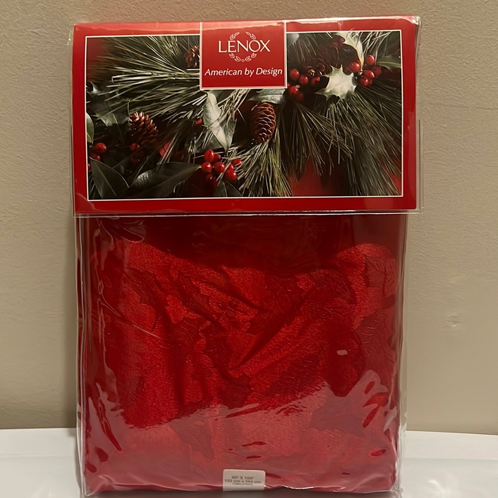 Lenox Holly Damask Red Tablecloth Oblong 60” X 104” Perfect for Christmas